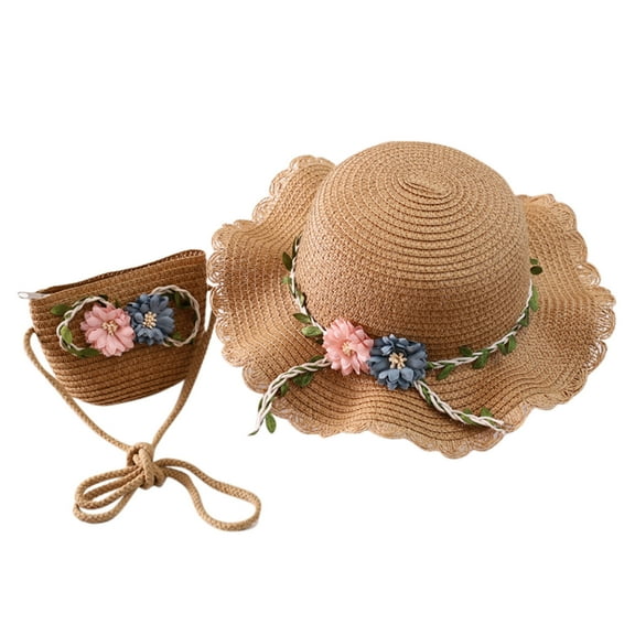 Huowey Baby Girls Sun Hats Girls Straw Hat Purse Bag Set Wide Brim Flowers Bow Summer Beach Sun Hat Princess Shoulder Crossbody Bag Fishing Hat,Khaki,One Size