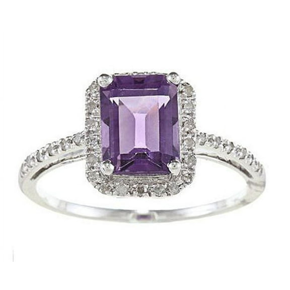 10k White Gold Emerald-Cut Amethyst and Diamond Halo Ring