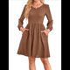 thumbnail image 3 of Vestido de Mujer con Mangas Largas Tipo Farol, Cuello Redondo, Falda Evasé, Moda de Otoño Marrón Oscuro XL, 3 of 7