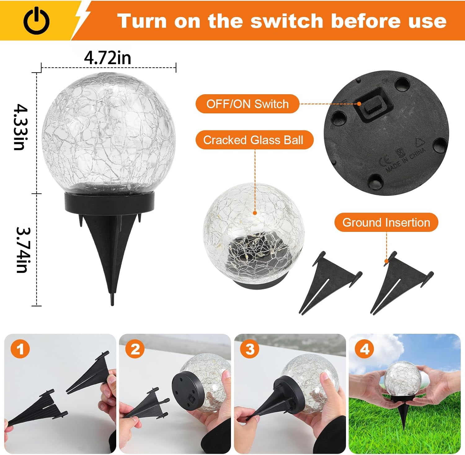 1 Pack Solar Globe Lights Outdoor Waterproof-Solar Balls-Solar Garden Lights-Orbs Cracked Glass Ball for Lawn Patio Yard Backyard Decorations