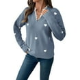 thumbnail image 3 of Cute Heart Print Sweater for Women - V-Neck Sweater Pullovers with Lace Trim, Knit Jumper Blue S, 3 of 10