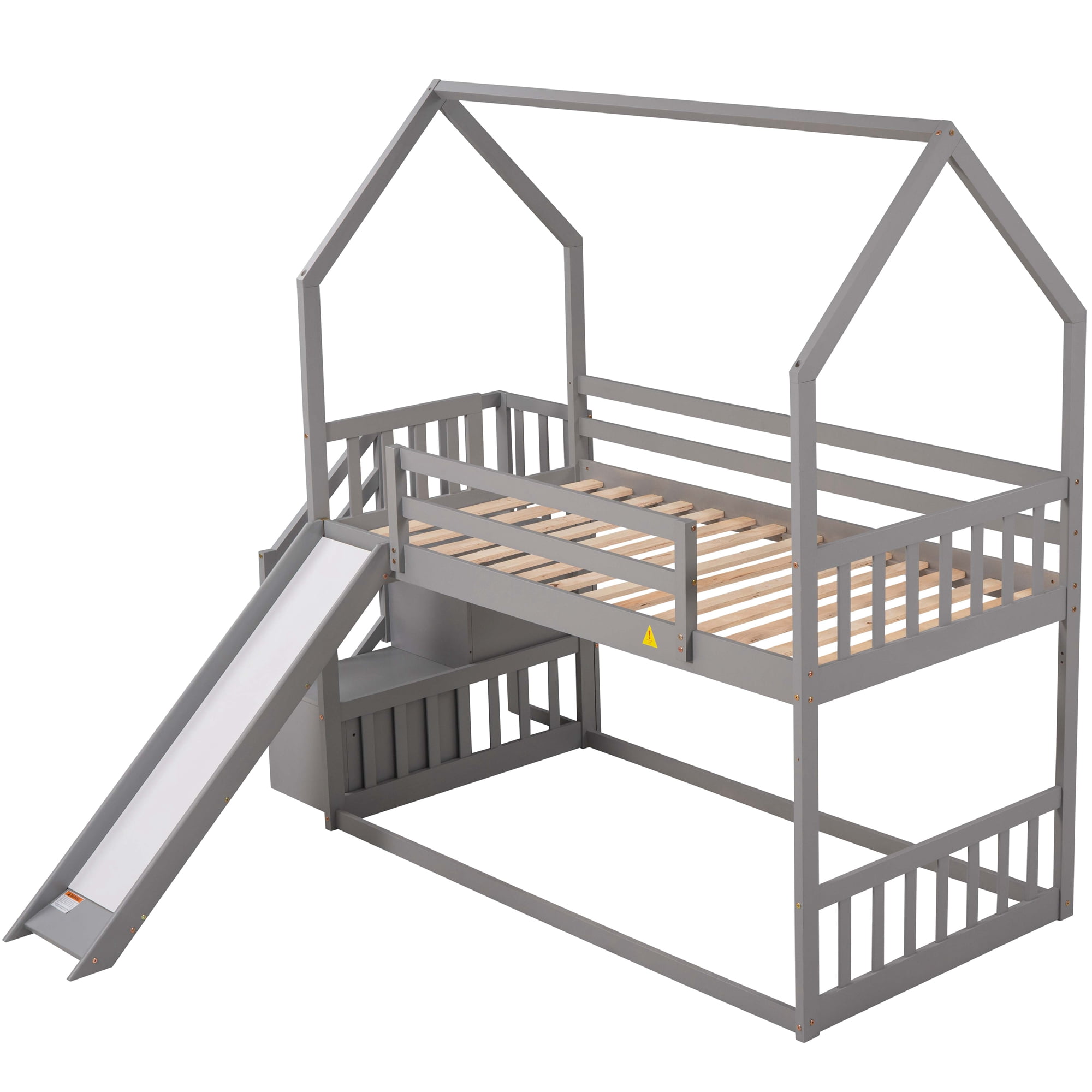 EUROCO Twin House Bunk Bed with Staircase for Kids Teens Bedroom, Solid Wood Bunk Bed with Storage, Gray