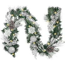 6 feet Pre-Lit Christmas Garland with Lights for Mantle, Lighted Battery Operated Xmas Garland with Silver White Balls Snowflake for Front Door Fireplace Table Centerpiece Outdoor Decor