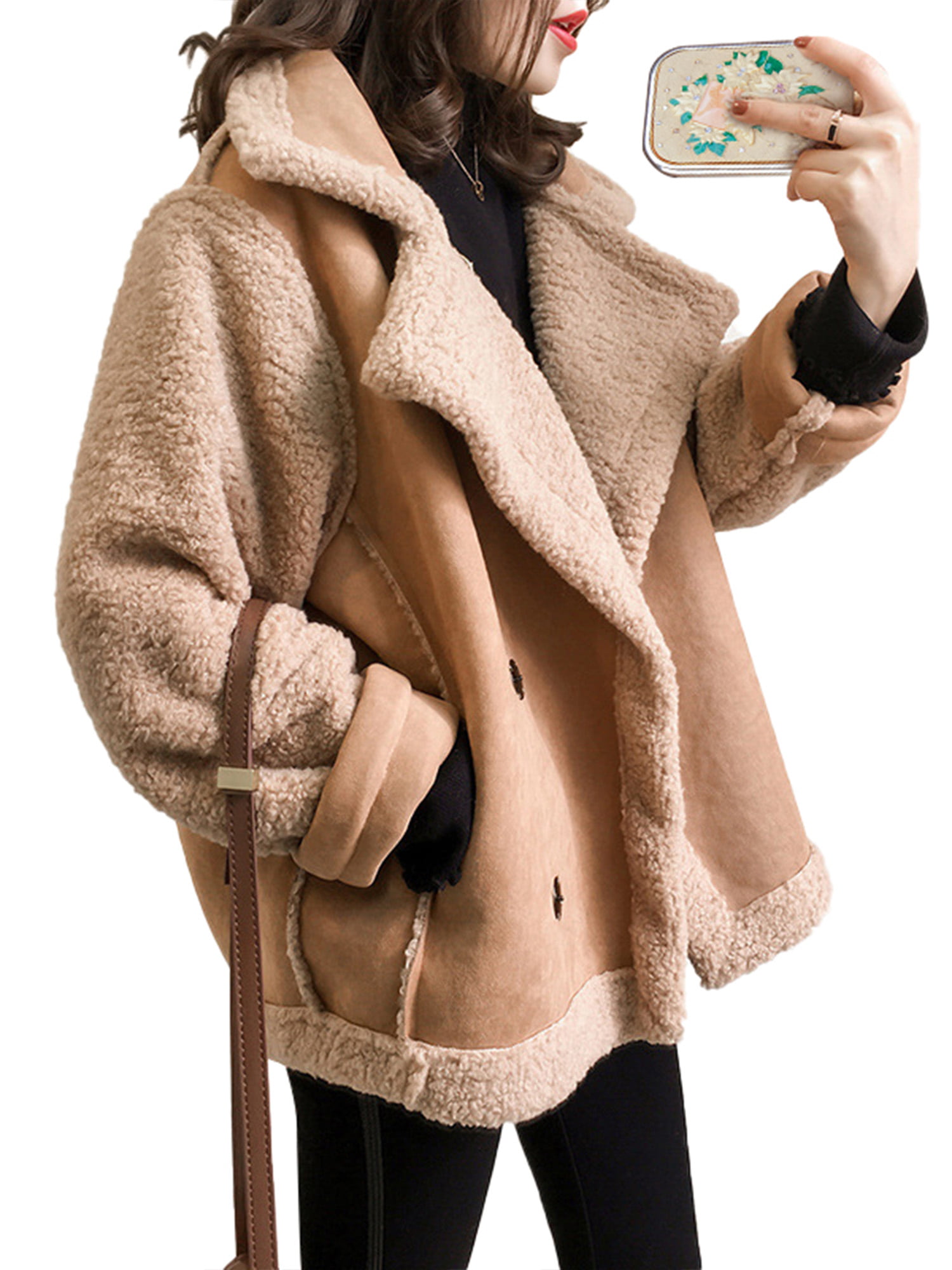 Generic Womens Faux Suede Jacket Winter Warm Fleece Lined Lapel Outwear