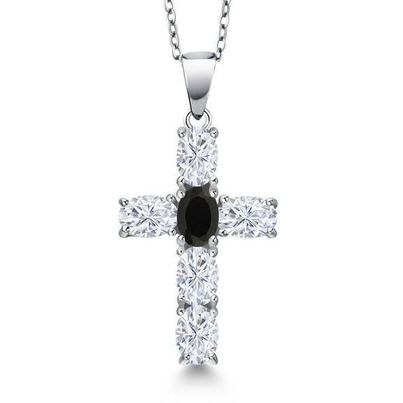 Gem Stone King 925 Sterling Silver White Moissanite and Black Onyx Cross Pendant Necklace for Women | 2.90 Cttw | Gemstone Birthstone | Oval 6X4MM | With 18 inch Chain