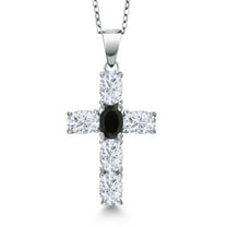 Gem Stone King 925 Sterling Silver White Moissanite and Black Onyx Cross Pendant Necklace for Women | 2.90 Cttw | Gemstone Birthstone | Oval 6X4MM | With 18 inch Chain