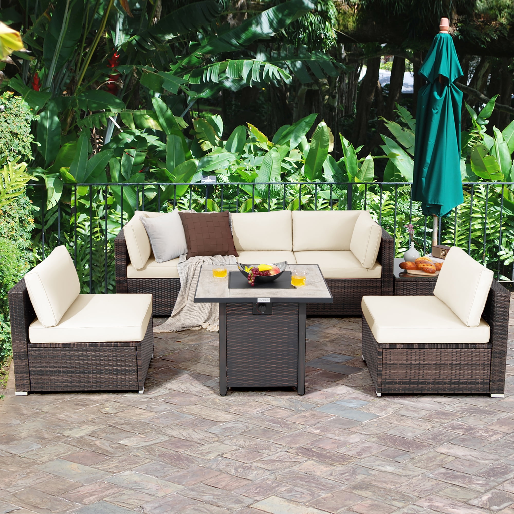 Costway 7PCS Patio Rattan Furniture Set 30'' Fire Pit Table Cover