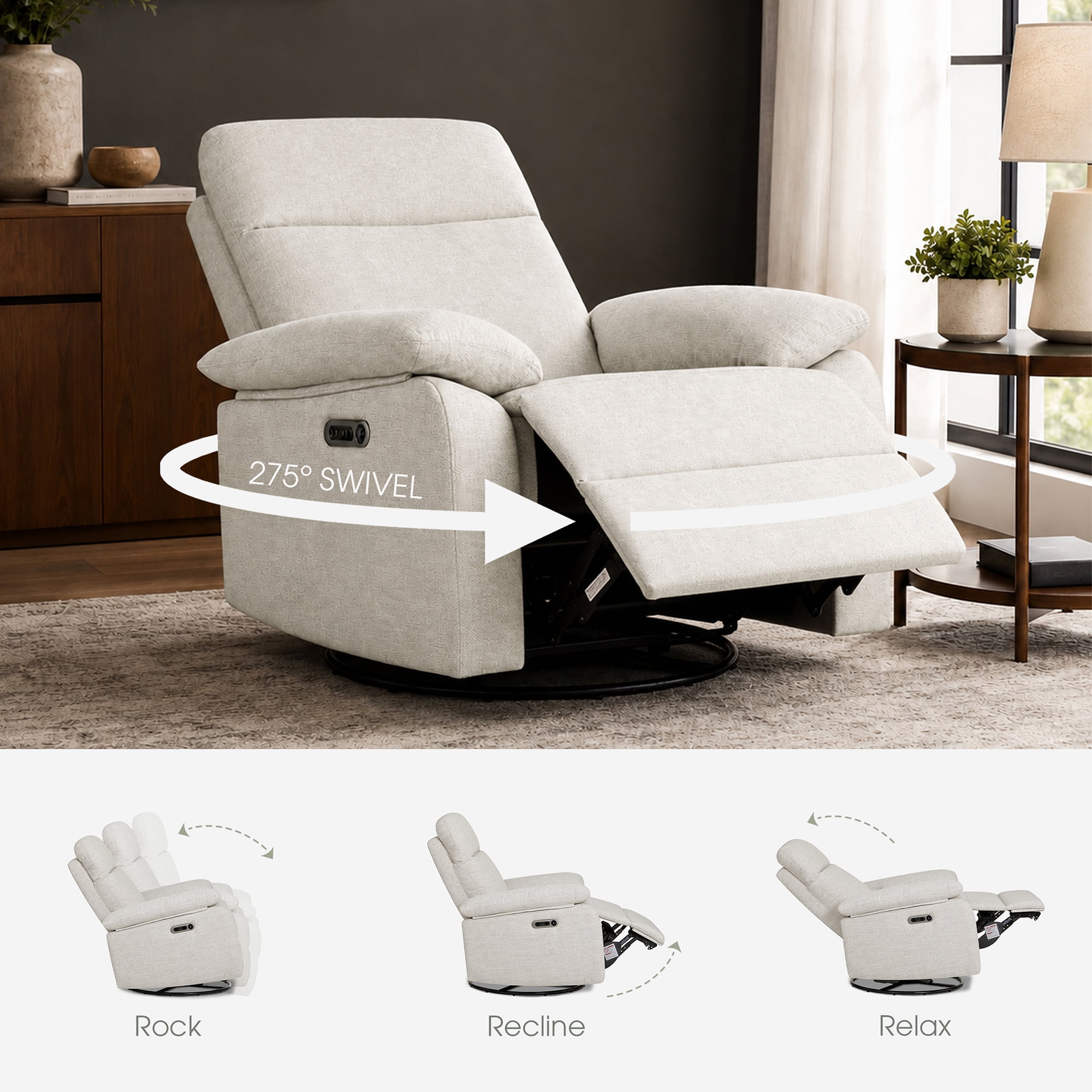 Evolur Asher Deluxe Power Recline Glider, Extra-Wide Nursery Recliner Chair with Adjustable Power Headrest, 275° Swivel, USB-A & USB-C Charging Ports, Ergonomic Lumbar Support, FSC Certified, Oatmeal