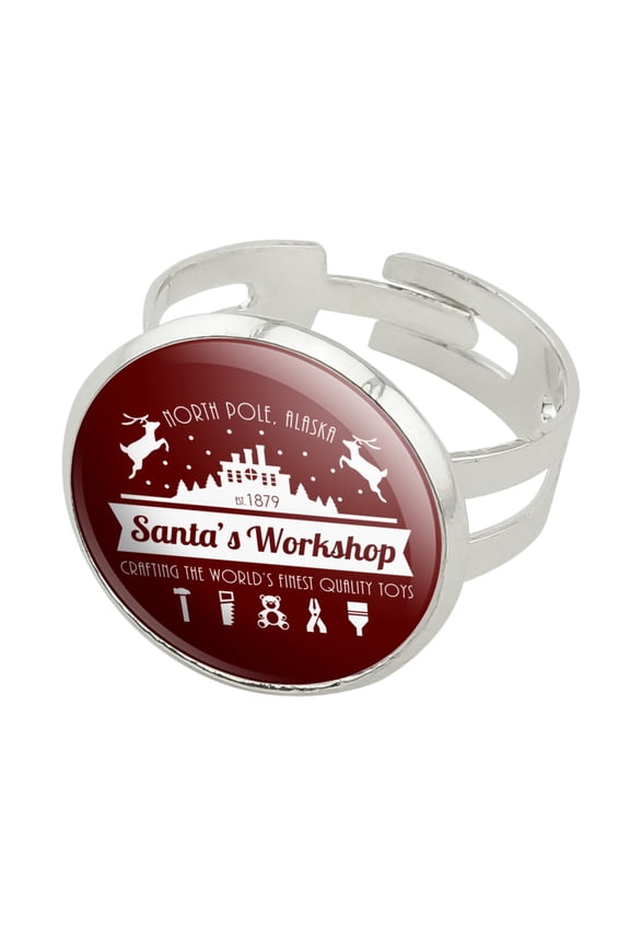 Santa's Workshop Logo Christmas Toys North Pole Alaska Silver Plated Adjustable Novelty Ring