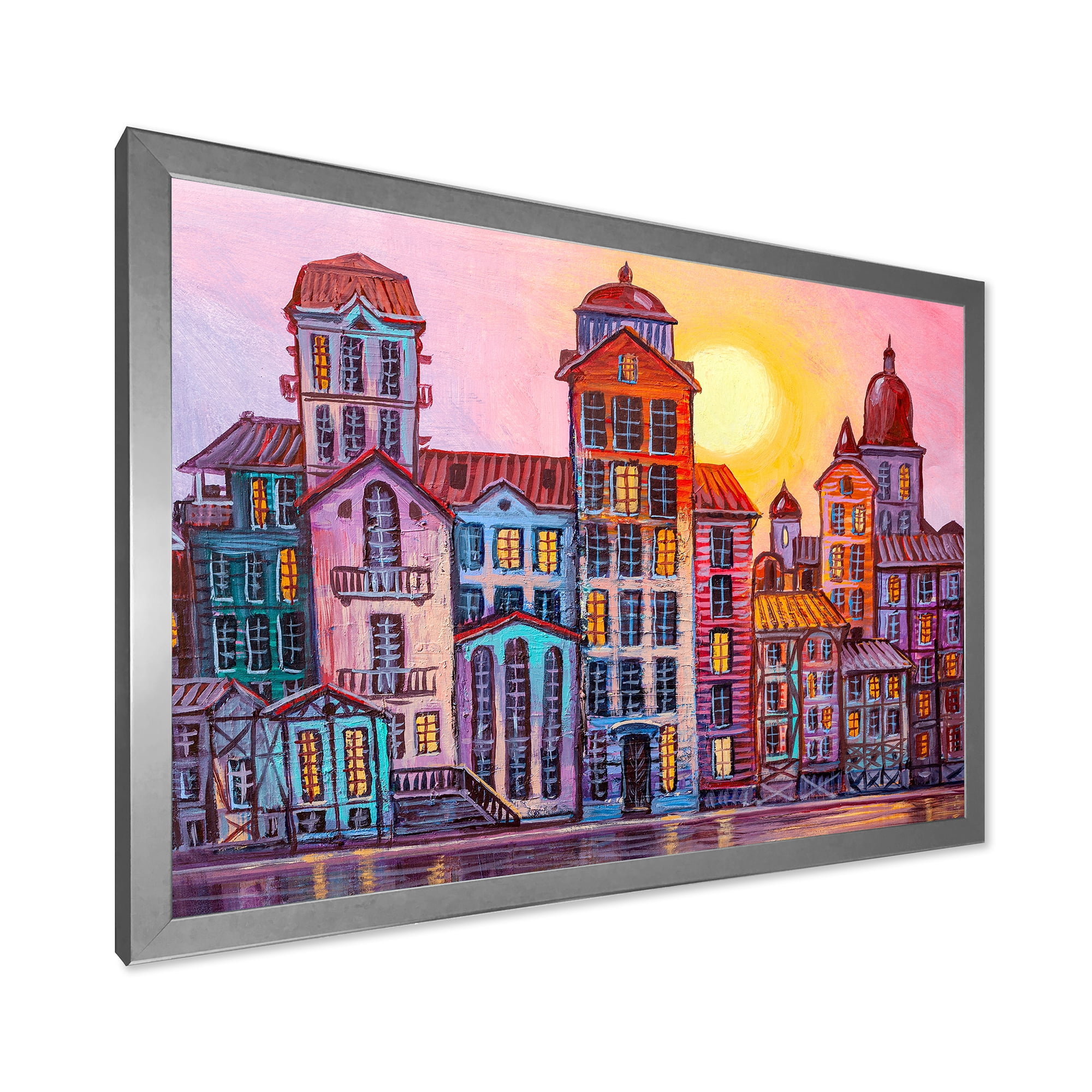 Designart 'Afternoon Street Scene In Old Town With Colorful Buildings' Mid-Century Modern Framed Art Print