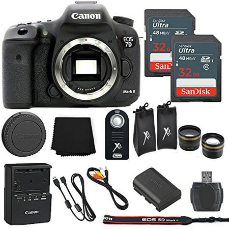 Canon EOS 7D Mark II 20.2MP Digital SLR Camera Body Only + 2 32GB Sandisk Ultra SD Cards + Macro and Wide Angle Aux Lenses + Wireless Shutter Remote+ Card Reader + Cleaning Cloth- International (Best Wide Angle For Canon 7d)