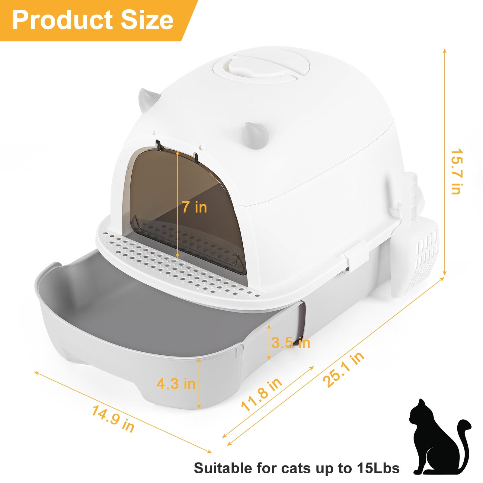 Enclosed Cat Litter Box with Drawer, Cute Devil Horn Design, Hooded Kitty Litter Box with Scoop & Deodorant Box for Cats Up to 15Lbs