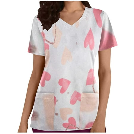 

Valentine s Day Scrub Tops for Women Cute Love Graphic Print Regular Fit Short Sleeve Shirt Vintge V Neck Fall Outfits Pullover Sweatshirt