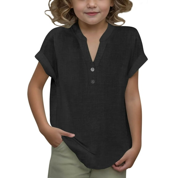 ZACPNCV Summer Girls Shirts Kids Tops Lapel V Neck Button Down Shirt Loose Fit Dressy Casual Blouses Tee Black 9-10 Years