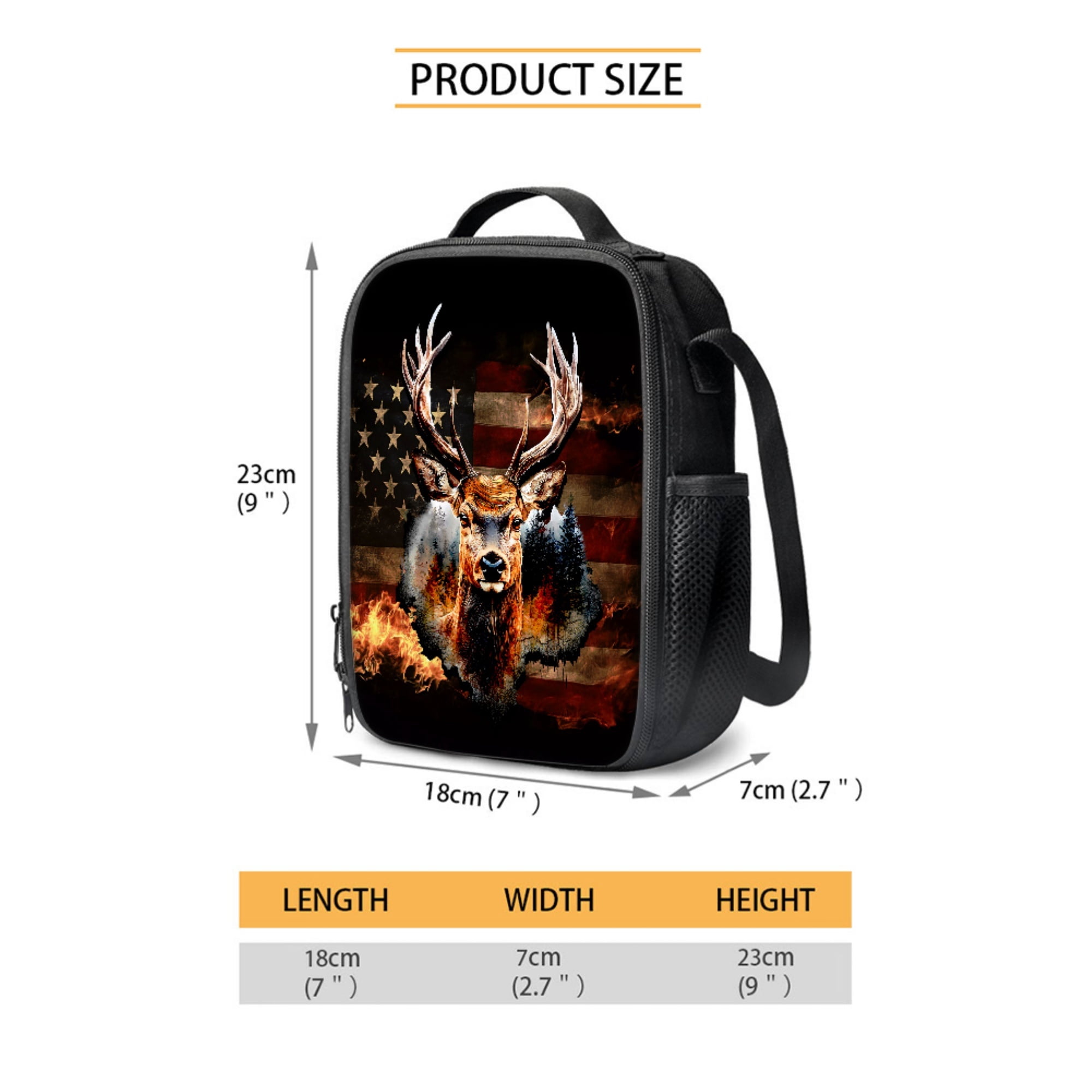 Xixirimido 4th of July American Flag Hunting Deer Pattern School Backpack for Kids 4Pcs Set 17" Durable Bookbag, Thermal Lunch Bag, Pencil Pouch, Water Bottle Carrier for Boys Students