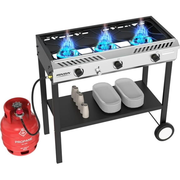 VINGLI 3 Burner Outdoor Propane Burner with Ignition & Regulator, 225,000 BTU Powerful & Portable Gas Stove Outdoor Stand Cooker for Backyard Patio Cooking Home Camping Brewing Canning Turkey Frying