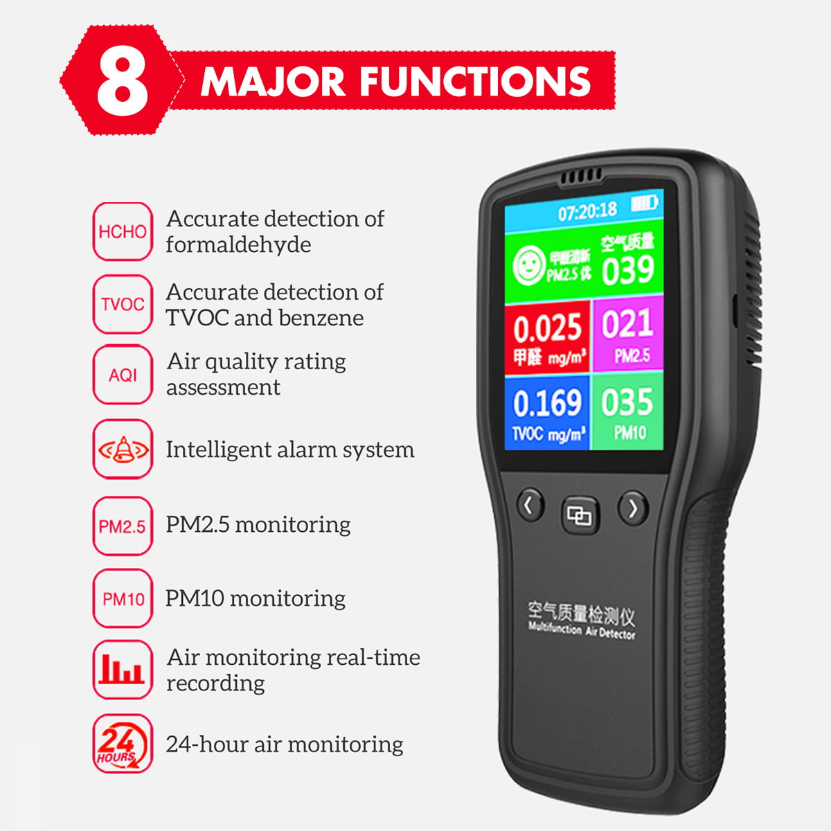 Qooarker Air Quality Detector Monitor also PM2.5/PM10,TVOC Test Air Quality Meter with Time Display for Car Indoor Detection Outdoor Detection HCHO Accurate Testing Formaldehyde 