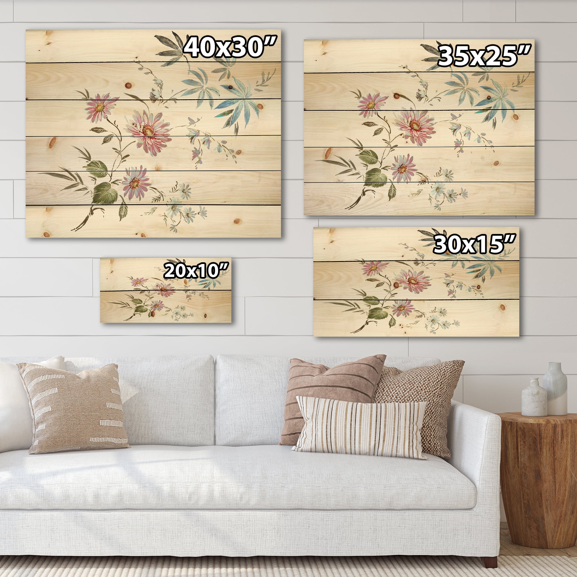 Designart 'Pink and Blue Wildflowers I' Traditional Print on Natural Pine Wood