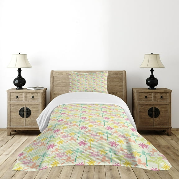 Ambesonne Palm Tree Quilted Bedspread Set 2 Pcs, Silhouettes in Color, Twin Size, Multicolor