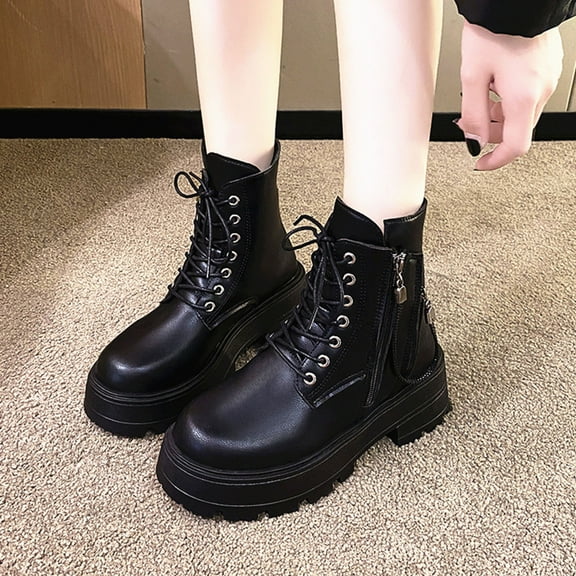 PiGOGI Women's Chunky Heel Boots Round Toe Lace Up Fashion Winter Fall Boots for Women Thick Bottom Comfortable Punk Style Short Boots Black 40