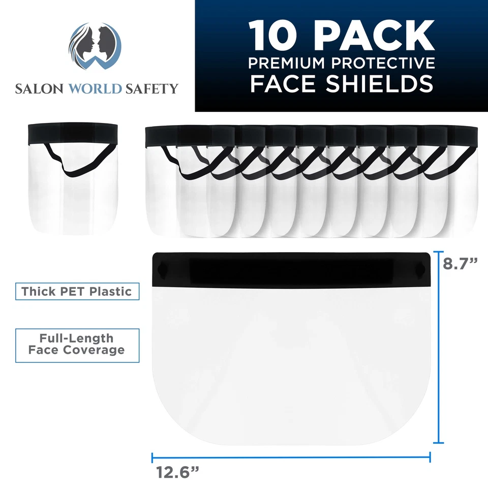 CIRCLE- Salon World Safety 10 Black Face Shields Clear Protective Full Face Shields