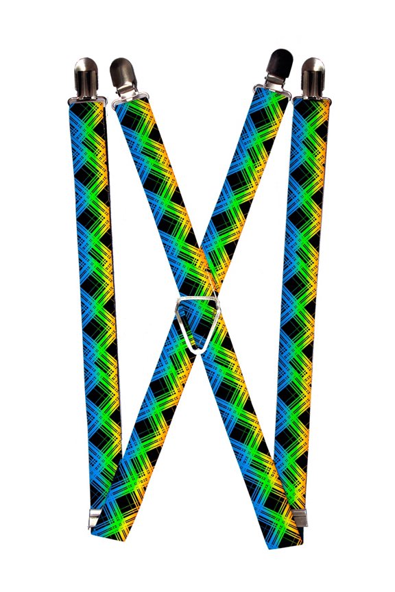 Black Green Yellow Large Diagonal Plaid Pattern Suspenders