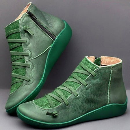 

Feiboyy Women s Casual Flat Leather Retro Lace-up Boots Side Zipper Round Toe Shoe Boots