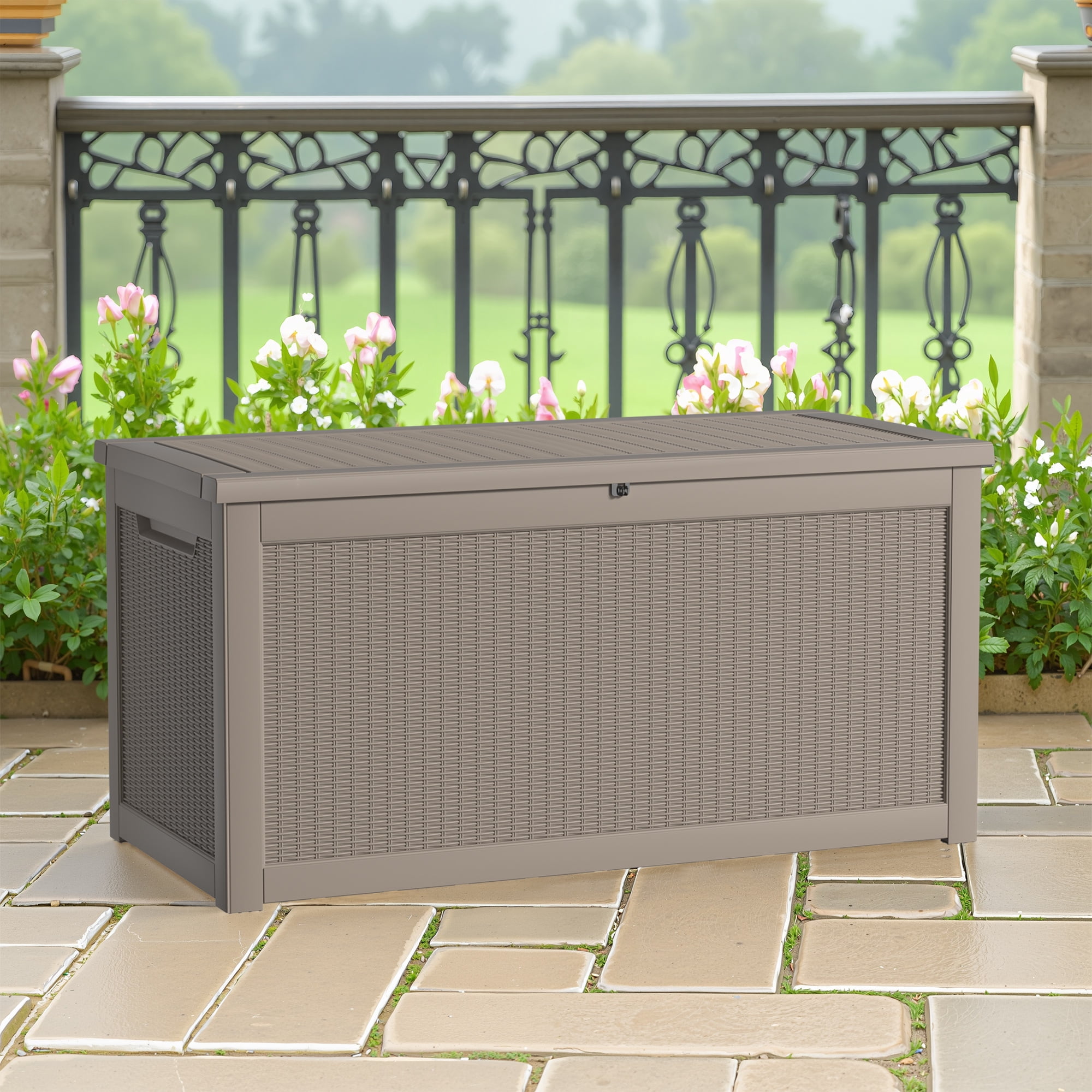 MAYEERTY 260 Gallon Outdoor Deck Box, Large Capacity Storage Box for Patio Furniture Cushions, Pillow with Wheels, Light Brown
