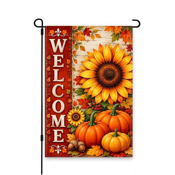 Welcome Fall Garden Flag 12 x 18 Inch with Sunflowers, Pumpkins, Autumn Leaves & Acorns, Seasonal Outdoor Decor for Yard, Lawn, Porch, Patio Display