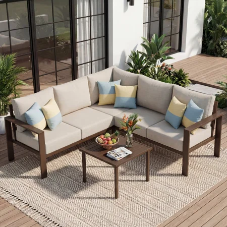 UDPATIO 6-Piece Outdoor Patio Furniture Set Metal L-Shape Sectional Sofa with 6 Thick Olefin Cushions Wide Armrest & Coffee Table Beige for Garden Backyard