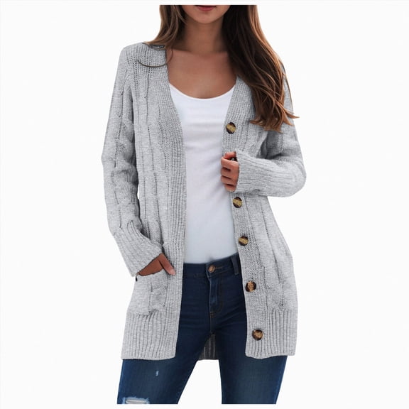 enyan Women's Cable Knit Cardigan Long Sleeve Open Front Button Down Knitwear Sweater Coat（Grey,S）