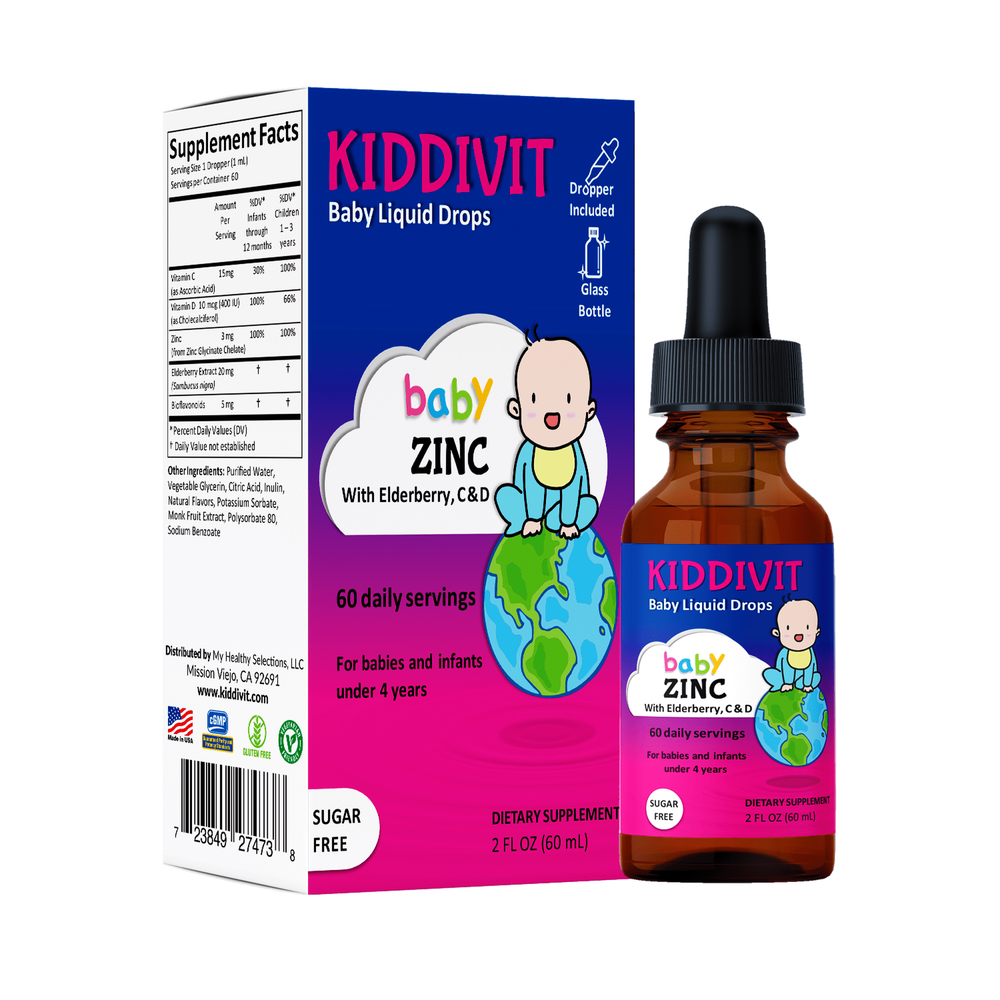Kiddivit Baby Zinc Liquid Drops with Elderberry, Vitamin D3 & C - 60 Daily Servings, 2 Fl Oz (60 mL) - Inulin Fortified (Prebiotic, Dietary Fiber) - Sugar Free, Gluten Free, Vegetarian Friendly