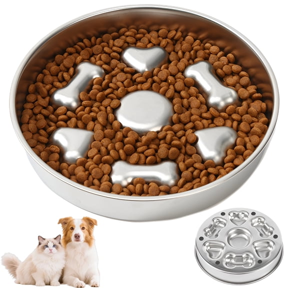 304 Stainless Steel Slow Feeder Dog Bowl, Anti Slip Pet Food Bowl with Bone Shaped Design for Healthy Eating, Large Size