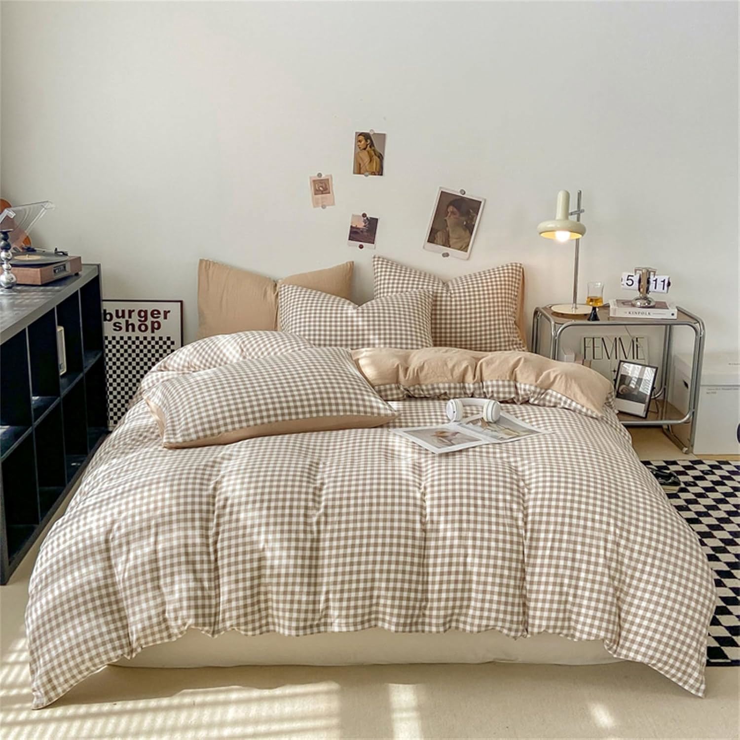 Duvet Cover Queen Size Brown Tan Plaid Checkered Comforter Cover Grid Farmhouse Bedding Set 3 Pcs Soft Breathable Washed Microfiber