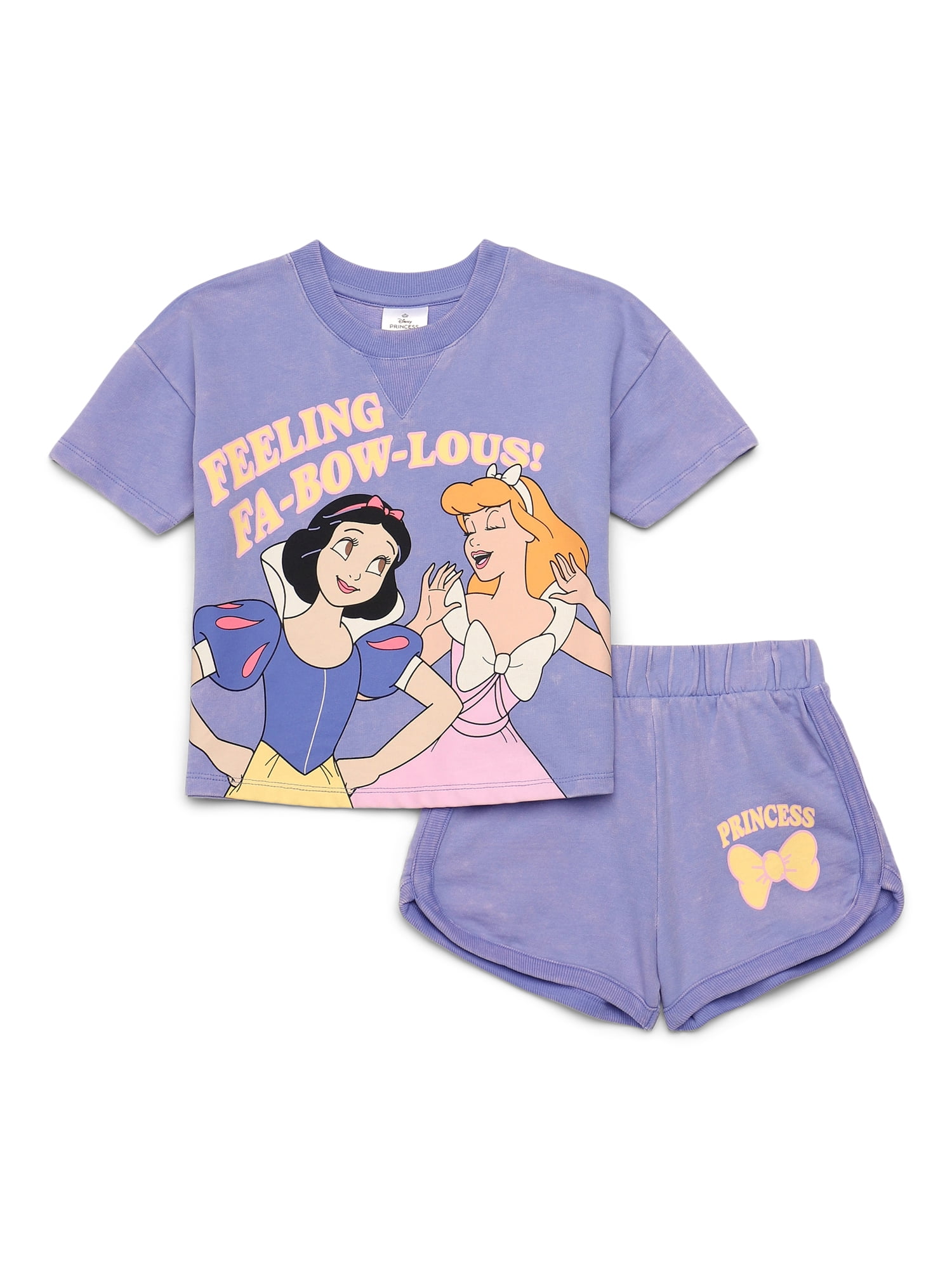 Disney Princess Toddler Girl's Short Sleeve Washed Graphic Crewneck Top with Matching Dolphin Short, Sizes 12M-5T