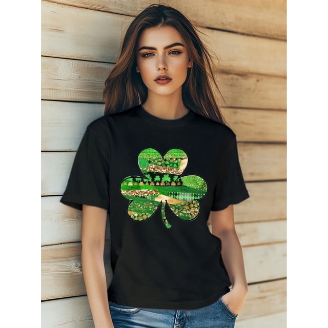 T-Shirt Imprimé Dessin Animé Trèfle à Quatre Feuilles pour la Saint-Patrick pour Femmes Mode Manches Courtes Col Rond Ajusté Tops Été Décontracté Mode Urbaine