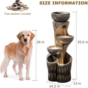 4 Tiered Water Fountain Outdoor, 35.6 Tall Cascading Bowl Leaf Carved Outdoor Waterfall Fountains Modern Water Feature with Dual Planters for Garden, Patio,Deck, Yard, Indoor Decor