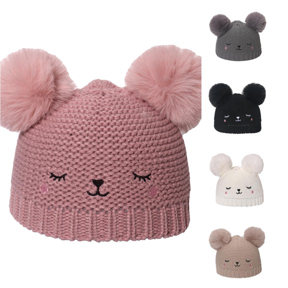 Oiyii Toddler Girls Bear‑Embroidery Double‑Pom Beanie Solid Winter Kids Headwear Party Cap, Pink