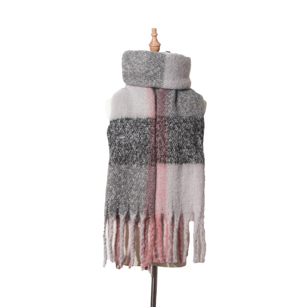 Bufanda de invierno a cuadros para mujer, con borlas largas, estilo tartán, unisex, grande, de cachemir, acogedora Rosa gris