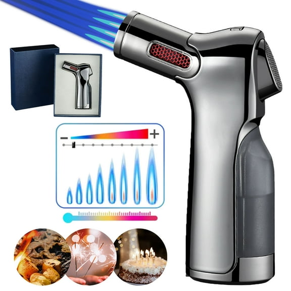 Quad Jet Flame Torch Lighter, Windproof Adjustable Flame Butane Torch Lighter, Refillable Multifuctional Cigar Lighter with Gift Box for Grill BBQ Candle Camping (Butane Not Included)