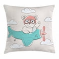thumbnail image 1 of Adventure Nursery Throw Pillow Cushion Cover, Bear Flying in the Sky Among the Clouds on Biplane, Decorative Square Accent Pillow Case, 16 X 16 Inches, Pale Mauve Seafoam and Salmon, by Ambesonne, 1 of 2