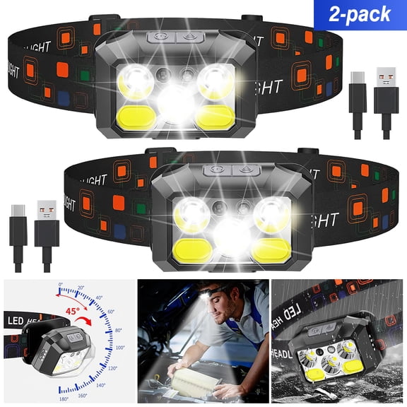 2-Pack 400 Lumens  LED Headlamp, Red Beam for Night Vision, 8 Modes, USB-C Rechargeable, IPX4 Waterproof, Adjustable Headband, for Outdoor Hiking/Running/Camping