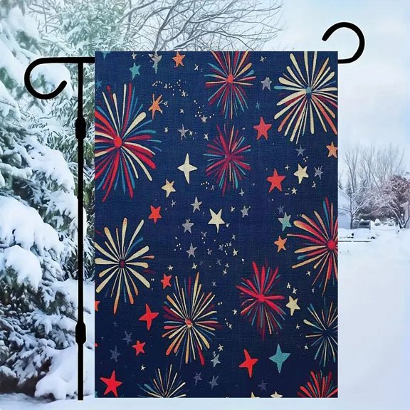 RKSupls Patriotic Linen Double Sided Garden Flag, Independence Day Themed Yard Decor, Patriotic Fireworks Fabric Pattern Outdoor Banner for Holiday Lawn