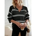 thumbnail image 2 of Women'S Casual Striped Long Sleeve V Neck Lightweights Pullover Sweater Loose Fit Drop Shoulder Knitted Shirt Tops Black L, 2 of 8