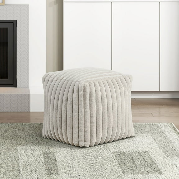 Square Pouf Plush Off-White Corduroy Fabric Upholstery Modern Ottoman, Footstool, Non-Slip Floor Pouf, Bean Bag Chair, 1pc Sitting Pouf