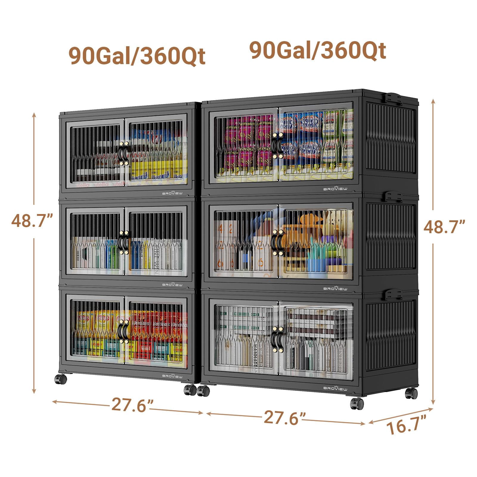 Broview 180Gal Large Stackable Storage Bins with Lid & Doors, 720QT Folding Closet Organizers with 8x Wheels, Plastic Containers With Drawers, Collapsible Cabinets Boxes for Home, 6Pack Black, V8