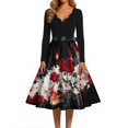 thumbnail image 4 of Halloween Dresses for Women Skeleton Printed V-Neck Fall Swing Dress Pumpkin Hepburn Long Sleeve Spooky Tea Length Dress with Belt L, 4 of 5