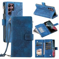 Feishell Zipper Wallet Case for Samsung Galaxy S24 Ultra,for Women Men,Stylish Embossed Pattern PU Leather Multi Card Slots Magnetic Clasp Flip Holder Crossbody Phone Case with Shoulder Strap,Blue