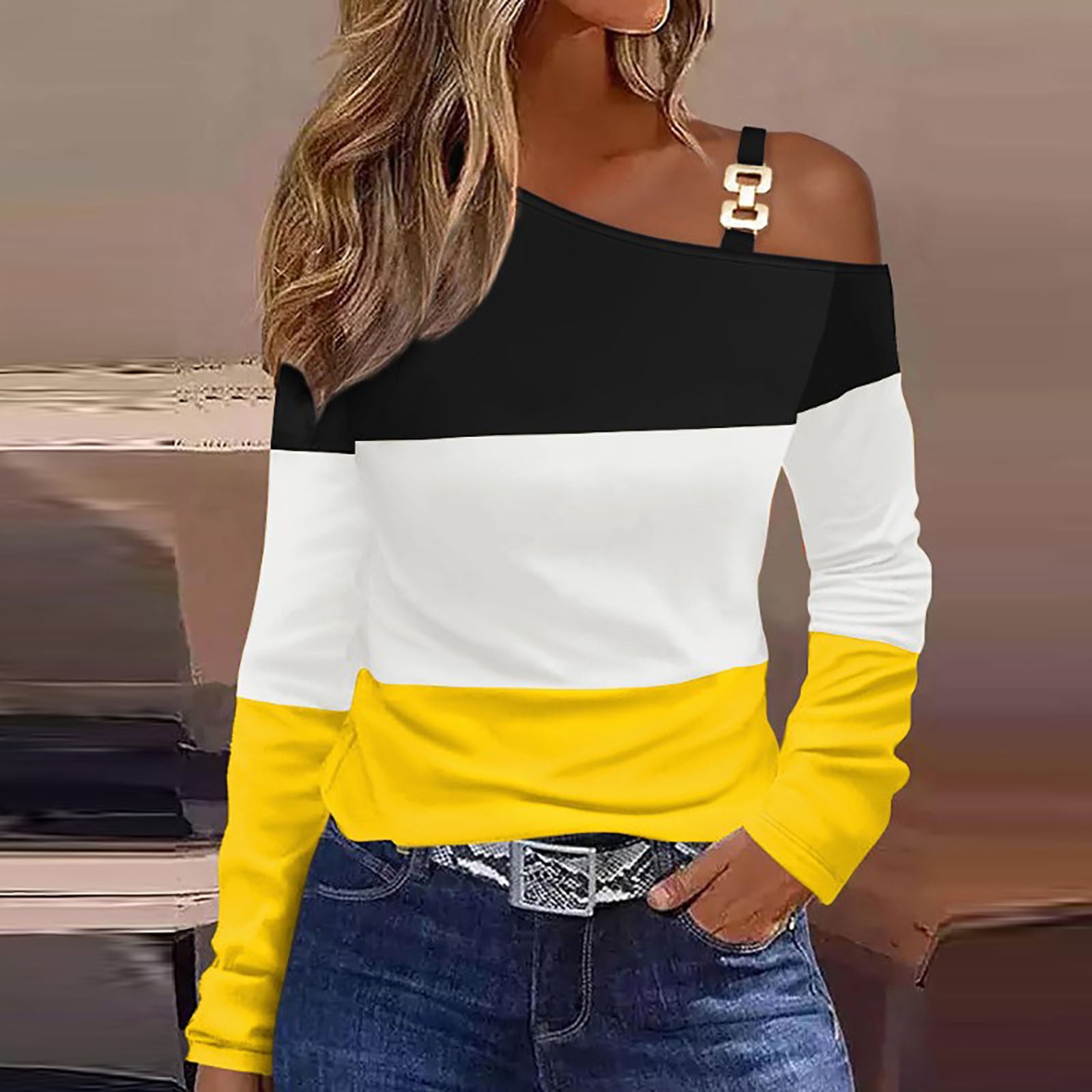 Women's Tops Fashion Casual One Shoulder Drop Shoulder Long Sleeve Shirts  Color Contrast Patchwork Pullover Long Sleeve Top