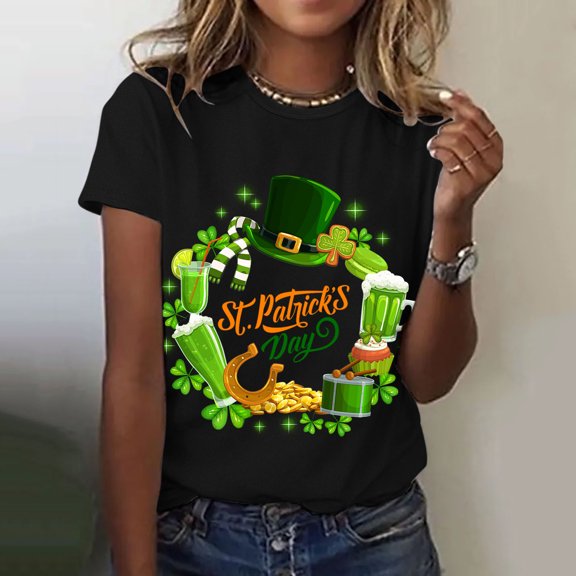 weskinke Women's St. Patrick's Day Top Shirt Casual Happy Printed Shirt Short Sleeve O Neck Blouse Fashion Casual Top Shirt